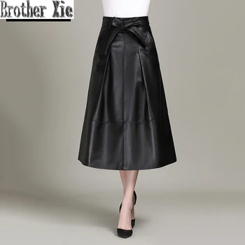 

Women Luxury Sheepskin Mid Long A-Line Real Leather Skirt Elegant Female Genuine Leather Skirt With Bow Belt Plus Size 3XL Skirt
