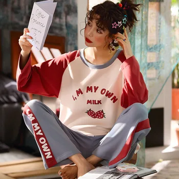 

Pajamas Women's Spring / Autumn Cotton Long Sleeve Korean Cartoon Girls Home Wear Summer Plus Size Casual Thin Pajamas Set