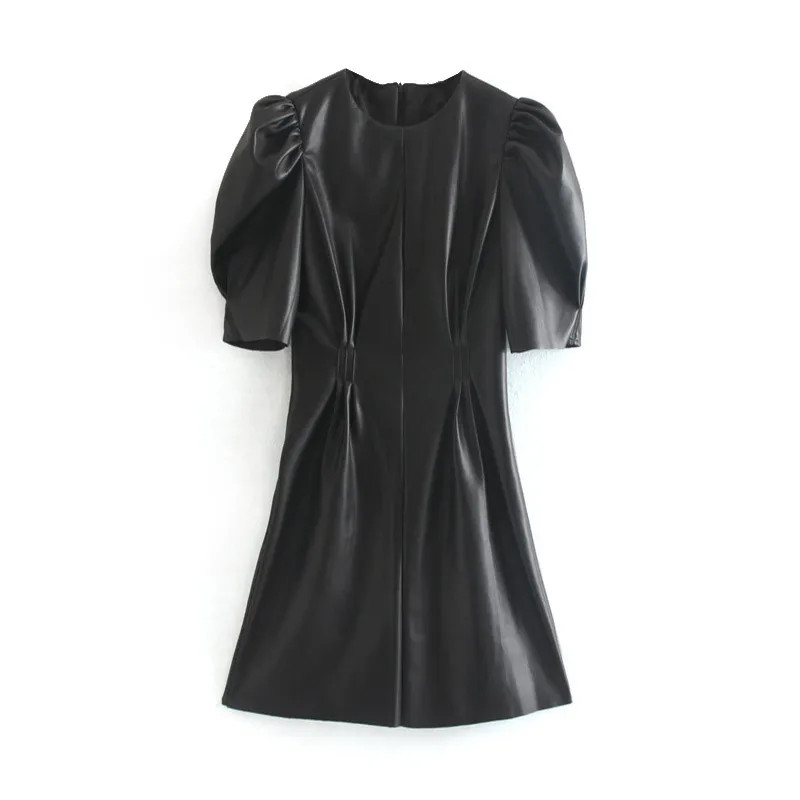 Искусственный Кожаные модельные туфли Для женщин сексуальное Клубное платье слоеного короткий рукав облегающее вечерние платье Винтаж плиссированная Туника Черное мини-платье Vestidos - Цвет: Black