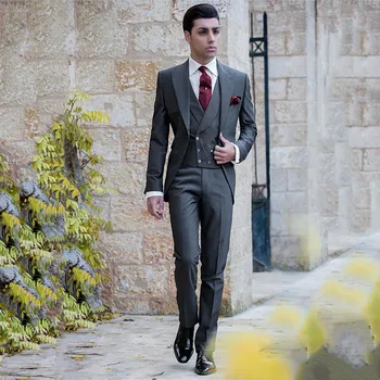 

Korean Style Men Pant Suits Light Gray Three-Piece (Blazer+Pant+Vest) Two Buttons Tuxedos Fashion Wedding Adults Mens Clothing