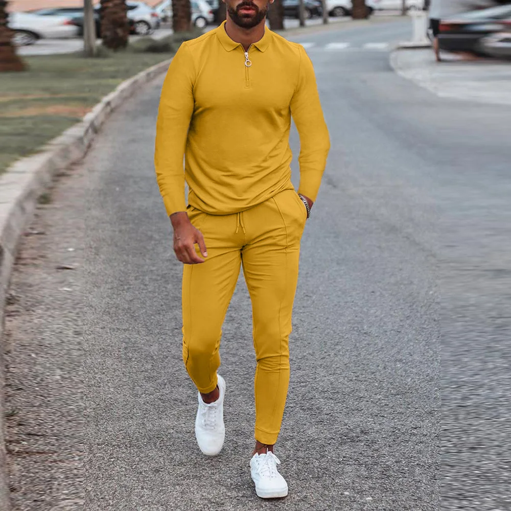 mens 2 piece set Men's Pure Color Tracksuit Casual Lapel Long Sleeve Polo Shirt&Pants Streetwear Oversized Set for Men 2 Piece Set 2022 Spring mens 2 piece set