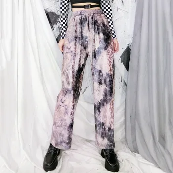 

Korea 2020 Autumn Women's Tie-dye Overalls Hip-hop Street Casual Print High Waist Wide Leg Beam Foot Harem Pants PC184