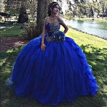 Королевский синий органза платья для выпускного Роскошные хрустальные бусины с открытыми плечами бальное платье сладкий 16 платье для выпускного вечера Vestido 15 Anos
