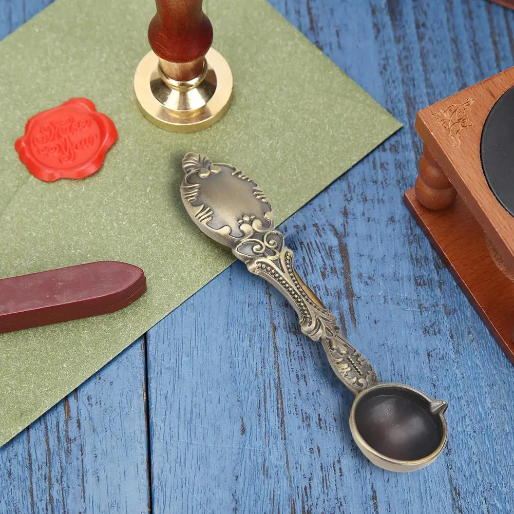 Portable Copper Fire Paint Sealing Wax Spoon Classic Texture Retro DIY Wood Handle Melting Firing Stamp Metal Tools