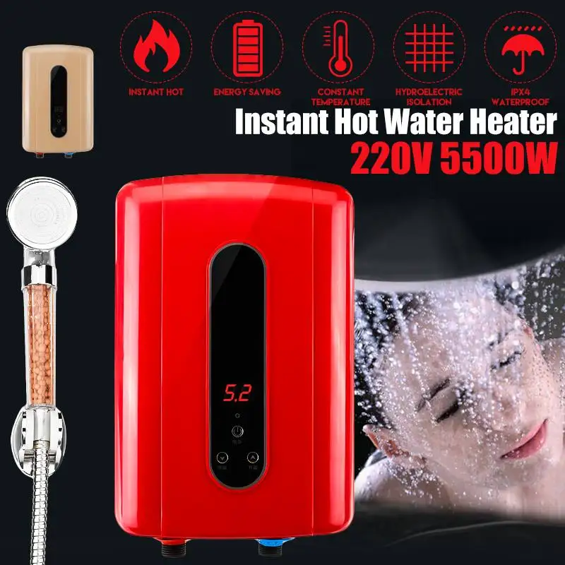 

5500W 220V Water Heater Bathroom Kitchen Instant Electric Hot Water Heater Tap Temperature LCD Display Faucet Shower Tankless