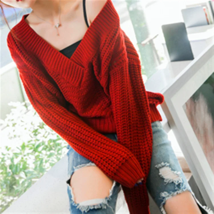 

Women's sweater Fall winter thick loose v-neck knitted pullover base sweaters 2019 Sexy streetwear blouse black beige burgundy