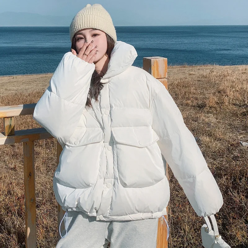 

New white shiny down jacket women short winter small 90 white duck down wash-free bread jackets warm coat