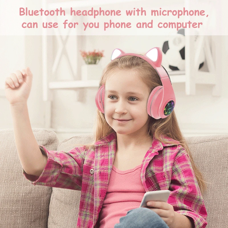 Auricolari con orecchie di gatto, cuffie wireless, musica, stereo, cuffie Bluetooth con microfono, cuffie per bambini, cuffie da gioco, regali per bambini_voghion.com