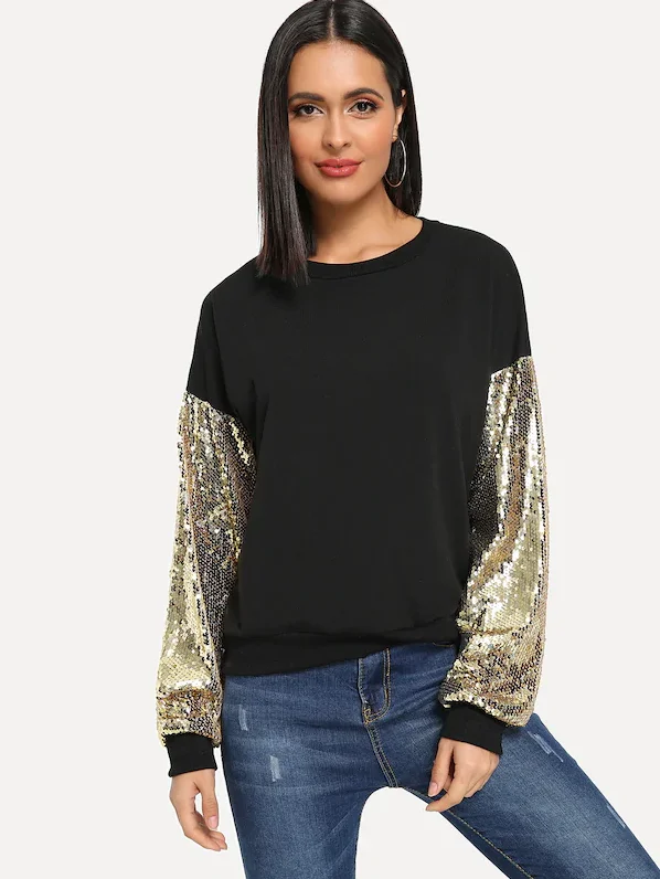 

Fashion new wild round neck long sleeve sequin stitching sweatshirts