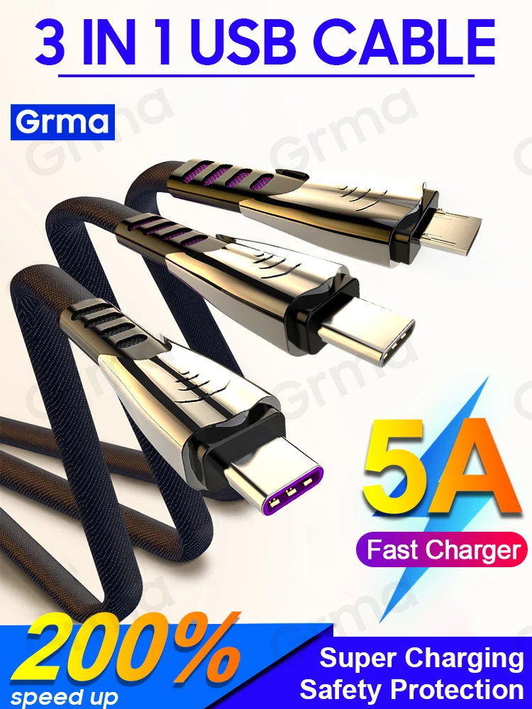 Grma 3 в 1 5A Зарядное устройство USB кабель для iPhone Samsung Xiaomi телефон из авиационного