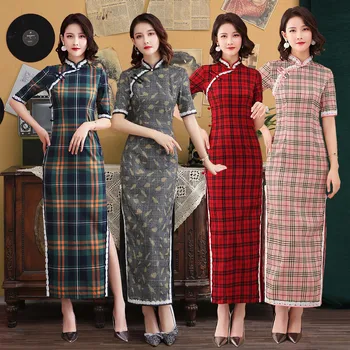 

New Arrival Vintage Print Flower Cheongsam Cotton Linen Bride Wedding Dress Gown Mandarin Collar Autumn Sexy Long Elegant Qipao