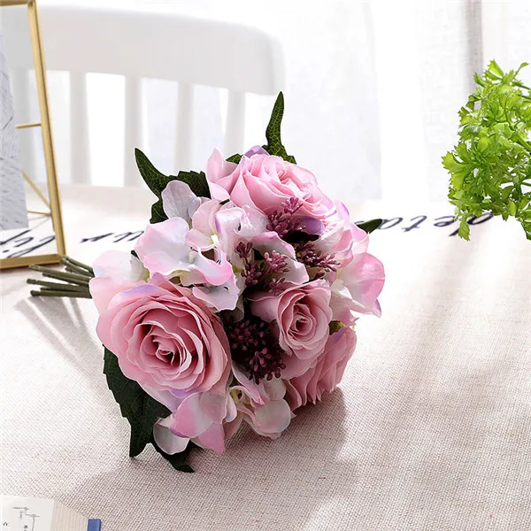 YO CHO Wedding Flowers Aritificial Roese Birdal Bouquet Artifical Silk Hydrangea Flowers for Home Party Decor - Цвет: Light-purple