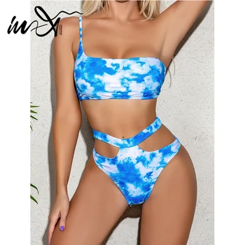 

In-X Tie dye print swimsuit female Sexy one shoulder bikini set 2020 irregular swimwear women Cut out biquinis Bathing suit new