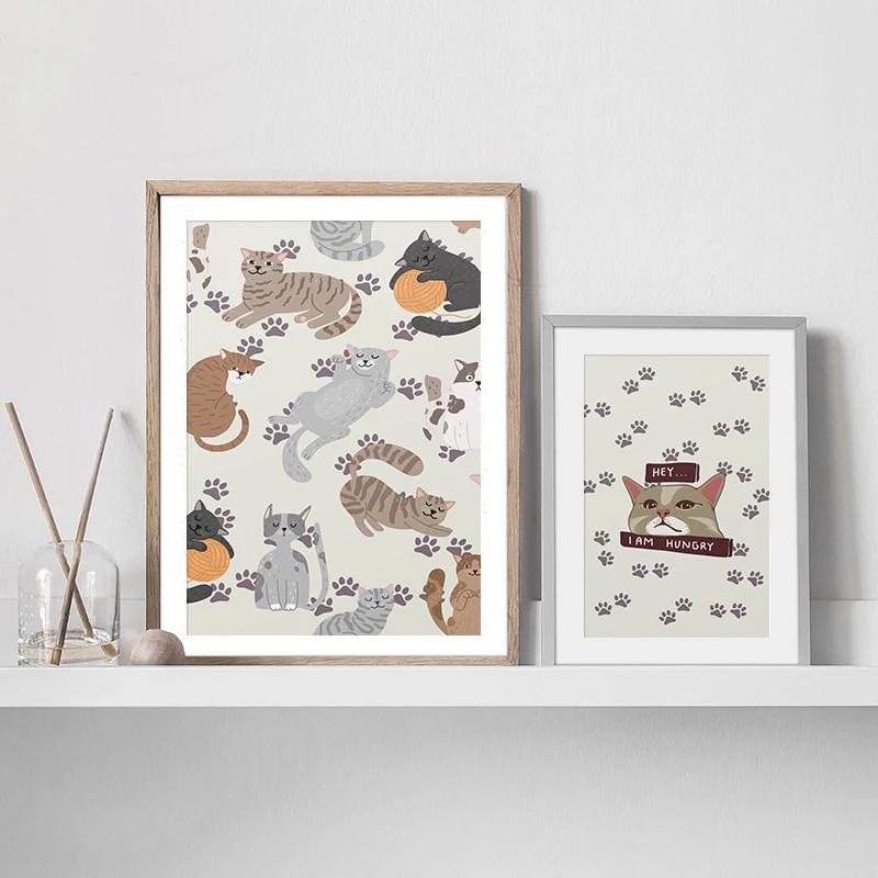 

Scandinavian Cartoon Cute Cat Kitten Poster Nursery Picture Wall Art Canvas Painting Print for Living Room Bedroom Home Decor