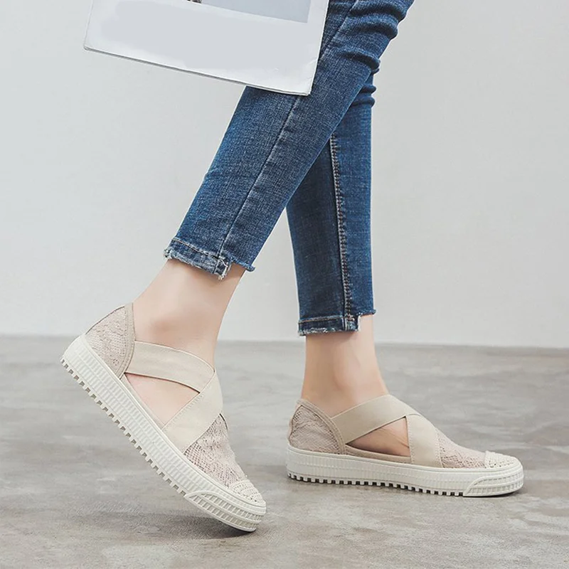

Women Lace Mesh Flats Slip On Cross Tied Loafers New Female Moccasins Breathable Weaving Platform Ladies Fashion Casual Shoes