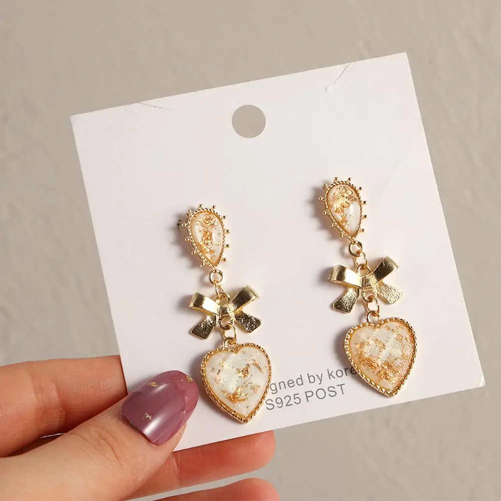 Bowknot Heart Resin Earrings Korean Classic Style Golden Peach Heart Stud Earrings For Woman Jewelry Valentine’s Day present