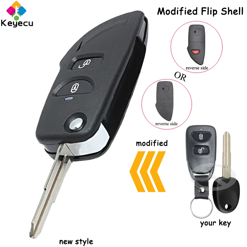 Replacement Modified Flip Remote Car Key Shell-2/ 2 + 1/ 3 Buttons & Uncut Blade-FOB For Hyundai Santa Fe / Tucson IX35