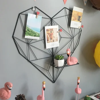 

51x50cm Nordic Style Heart Hanging Decoration INS Metal Mesh Grid Wall Photos Shelf Postcards Frame Storage Rack Holders