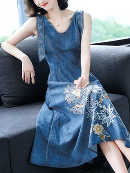 

Heavy industry Embroidered Denim Skirt Dress women's 150 small medium length long and thin sleeveless skirt in summer 2020