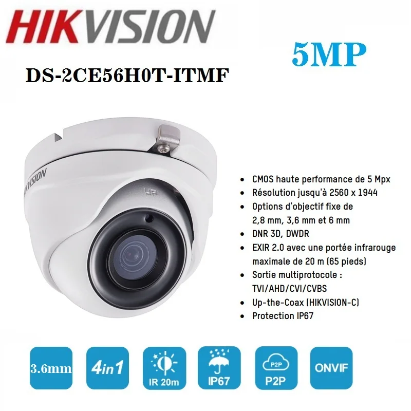 

Hikvision 5MP камера для дома/улицы DS-2CE56H0T -ITMF 4 в 1 CVI / TVI / AHD / CVBS IP67 инфракрасный 20 м