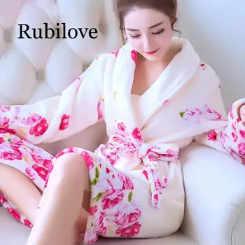 

Robes Women Plus Size Print Flannel Korean Kawaii Long Sleeve Thicker Warm Nightwear Soft Bathrobe Womens Simple High Quality