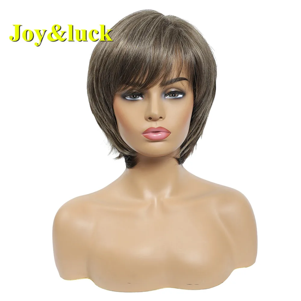 Joy&ampluck Short Wig Brown Mix Blonde Synthetic Wigs for Women Straight Full With Bangs Hair Fashion Style |