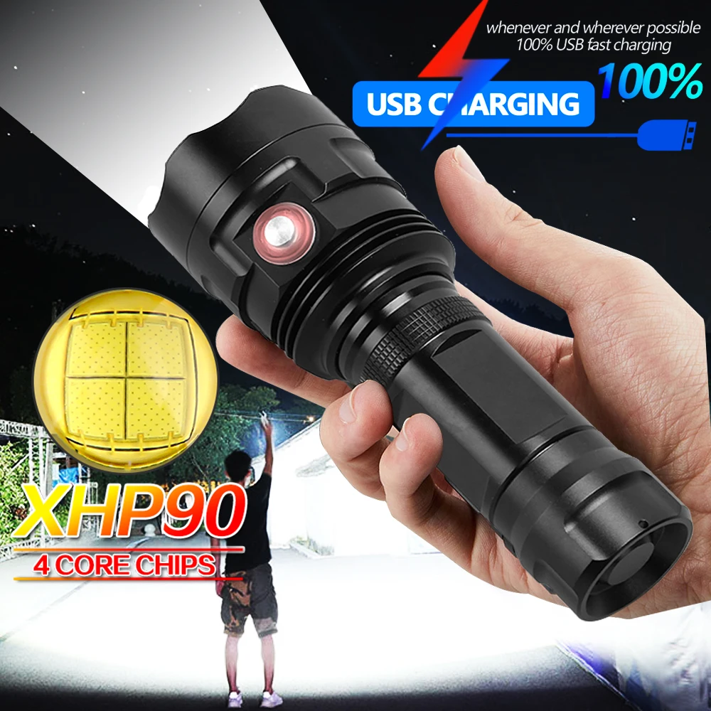 Самый мощный XHP90 светодиодный светильник-вспышка, яркий фонарь, USB Перезаряжаемый водонепроницаемый охотничий походный светильник с батареей 18650 или 26650