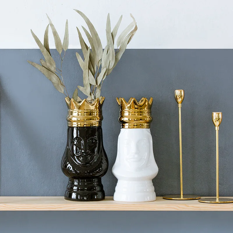 

King and Queen Tabletop Vase Gold Golden Crown Light Luxury Decorative Flower Pot Flower Arrangement Bottle Art Ceramic Craft