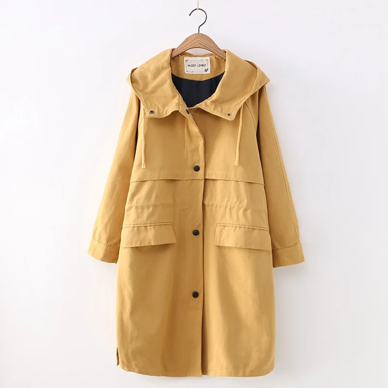 

Korean-style College Style Hooded Workwear Tops Mid-length Khaki Trench Coat Student Loose-Fit Coat WOMEN'S Dress