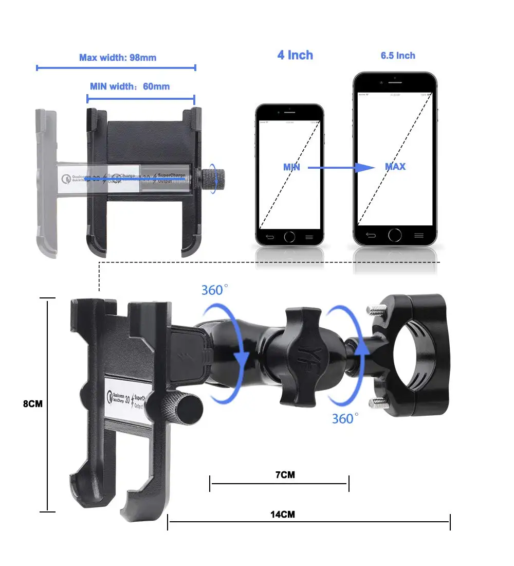 Aileap мотоциклетный держатель для телефона полностью алюминиевый держатель для телефона для мотоцикла регулируемый по всему миру с QC3.0 USB разъемом для быстрой зарядки