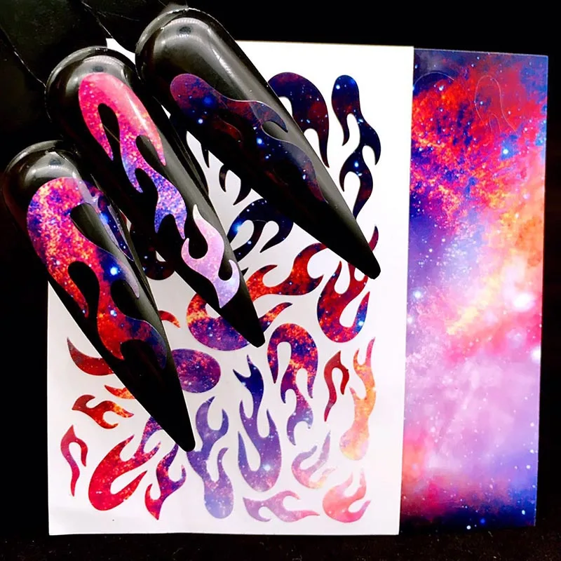 Модный дизайн ногтей стикер красочный огонь шаблон наклейки 3d Пламя наклейки для ногтей огненные голографические Фольга для ногтей украшения