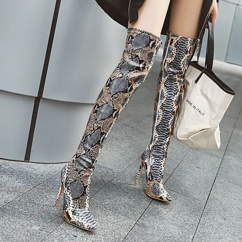 Coolcept Plus Size 30-48 New Arrival Thin Heels Snakeskin Pattern Long Boots Sexy Woman Fashion Over The Knee Boots Footwear