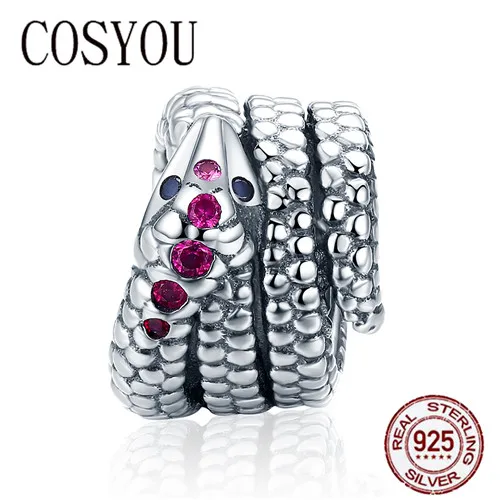 

COSYOU Snake Charm for Bracelet 925 Sterling Silver Sparkling CZ & Black Crystal Charms Fit Bracelet Necklace DIY Jewelry SCC713