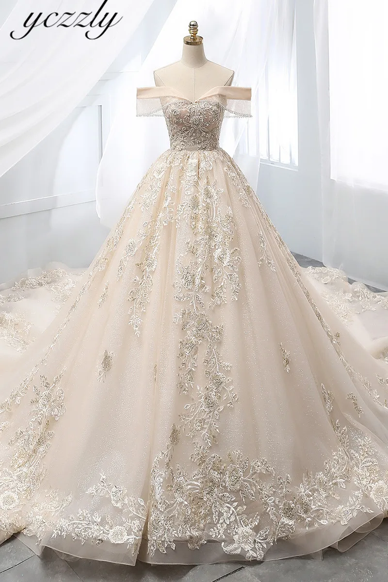 Vestido De Casamento великолепное бальное платье цвета шампанского Кружева Аппликации Свадебные платья из жемчуга плюс размер с открытыми плечами невесты платье W135