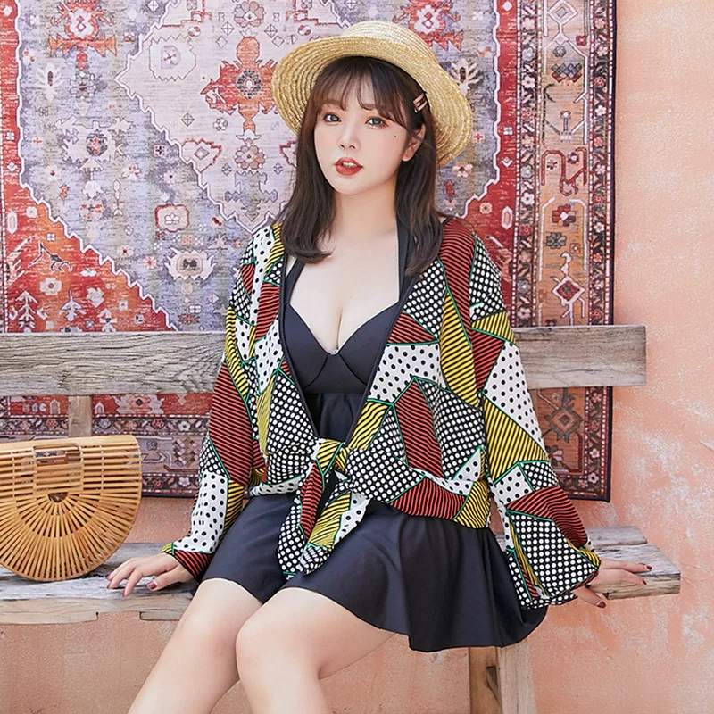 

2020 New Style Large Size Bathing Suit Women's Conservative Slimming Large Bust Push up Bikini Three-piece Set Swimwear a Genera
