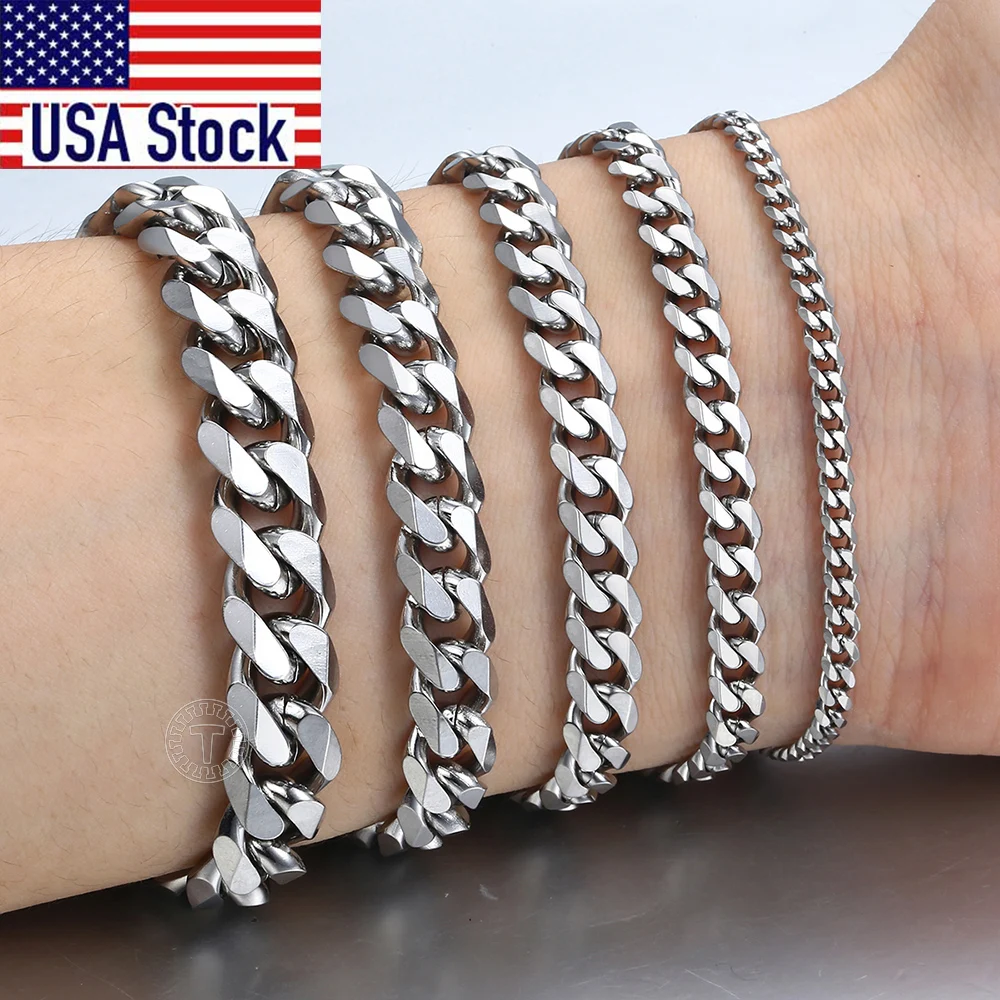 Mens Bracelets Link-Chain Gift Women Jewelry Cuban Curb Stainless-Steel Black Gold Silver-Color