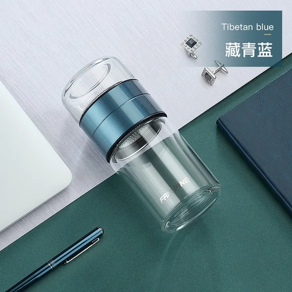 KAXIFEI новая стеклянная бутылка для чая, короткий стакан для воды с чайной заваркой из нержавеющей стали, для вождения, бизнес, подарок, для сушки и питья - Цвет: Синий