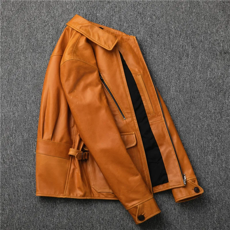 Seveyfan Мужская винтажная куртка из натуральной кожи, тонкая мотоциклетная Байкерская кожаная куртка из натуральной овчины для мужчин R3050