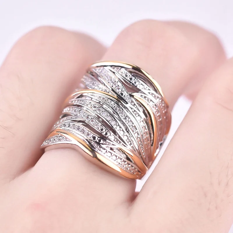 Luxury Curve Intersection Female Crystal Round Stone Ring Engagement Vintage Party Multi-layer Rings For Women | Украшения и