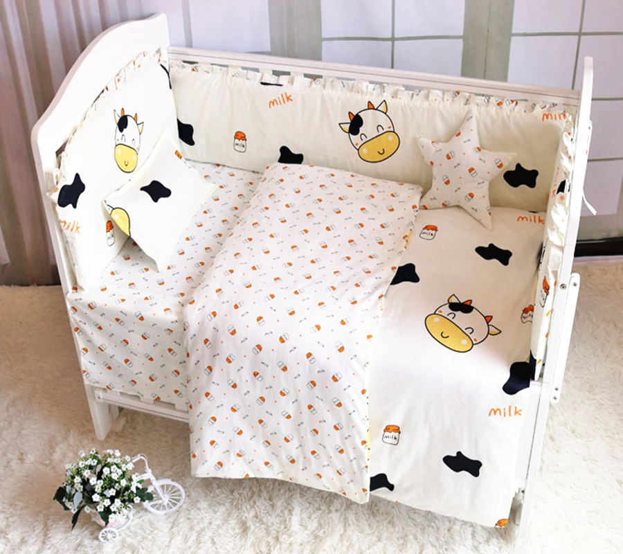 6pcs Детский комплект постельного белья из хлопка с принтом Колыбель для новорожденных защитный чехол детское постельное белье детская кроватка бампер простыня детская подушка чехол Комплект детской кровати - Цвет: 6pcs
