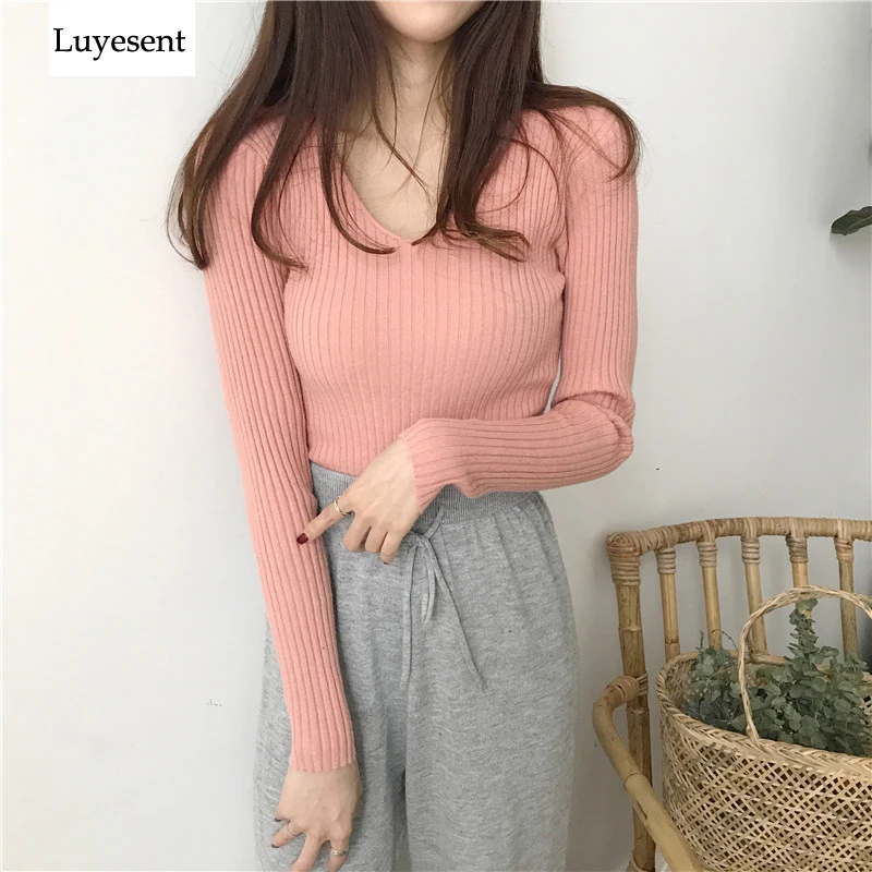 

6 Colors Classical Basic Women Knit Top Lady Stretch V Neck Slim Bodycon Knitted T-shirt 2019 Long Sleeve Autumn Outdoor Sweater