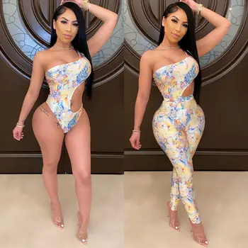 

ZKYZWX Leopard Snake Print 2 Piece Set Festival Summer Clother for Women Matching Sets Bodysuit and Pant Suits Sexy Club Outfits