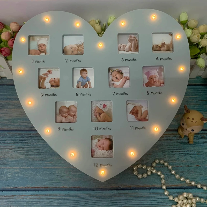 

First Year Baby Keepsake Frame with Light 0-12 Month Pictures Heart Photo Frame Commemorative Growth Souvenirs