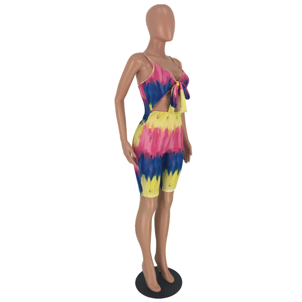 Tie Dye комбинезон женский с v-образным вырезом без рукавов боди с высокой талией сексуальный комбинезон на бретельках бодикон Рабочий Комбинезон