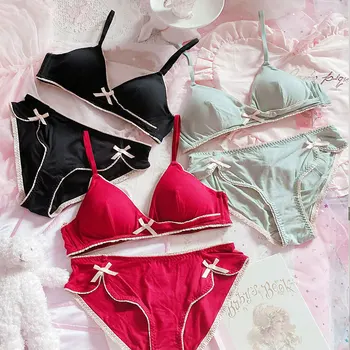 

Lovely retro Lolita girls modal red rimless triangle cup bra set thin underwear bra and panty set ropa interior sujetador