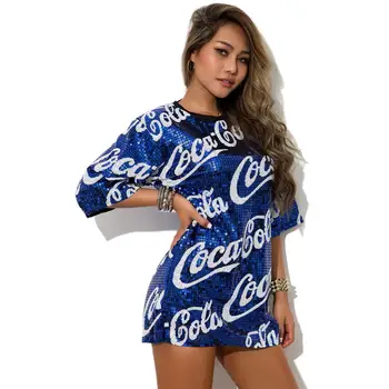 

Oversized Sequins T shirt women Hip Hop Summer tops vintage Street dance Loose Stylish marvel Letter print Black Red Club tshirt