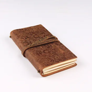 

Hand Made Genuine Leather Band Journal High Quality Floral Craved Cover Notebook 220mm*110mm Lined+Grid+Blank Paper Book