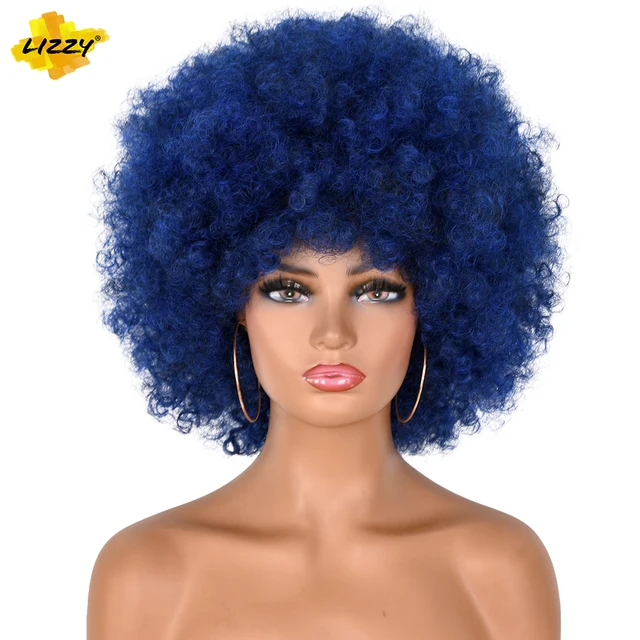 Short Afro Kinky Curly Hair Wigs For Black Women African Synthetic Fluffy And Soft Natural Looking High Temperature Wig Lizzy M1B-Blue