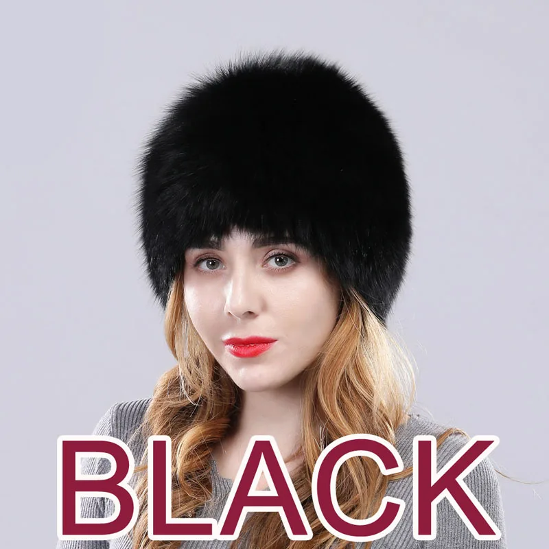 Women fur hat for winter natural fox fur cap russian female real silver fox fur headgear brand new fashion warm beanies cap - Цвет: black