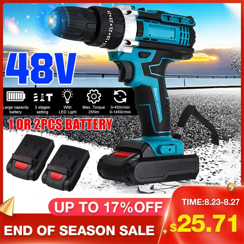 Photo Product 48V Cordless Impact Drill Electric Screwdriver Hammer Drill 25+3 Turque Power Screw Driver Tools with 2 Li-ion Battery